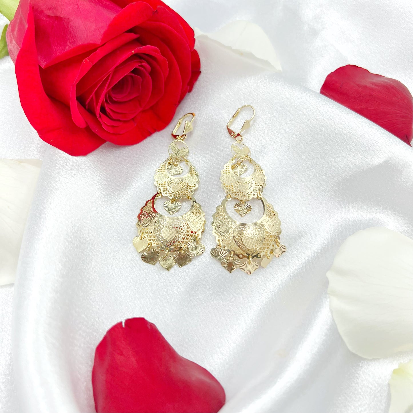 Heart Dangled Long Earrings Laminated Gold