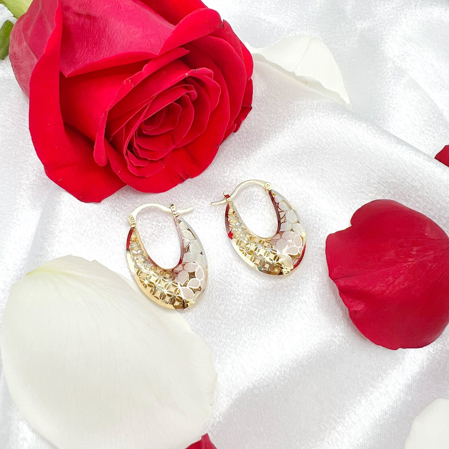 Small Three Tone Flower Laminated Gold Hoops