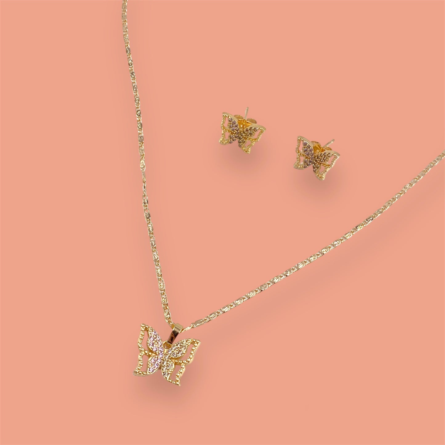 Butterfly Laminated Gold Necklace and Earring Set