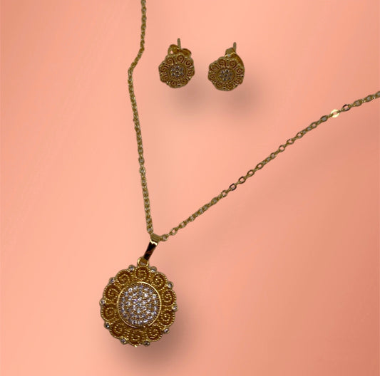 Flower and Stones Laminated Gold Necklace and Earring Set