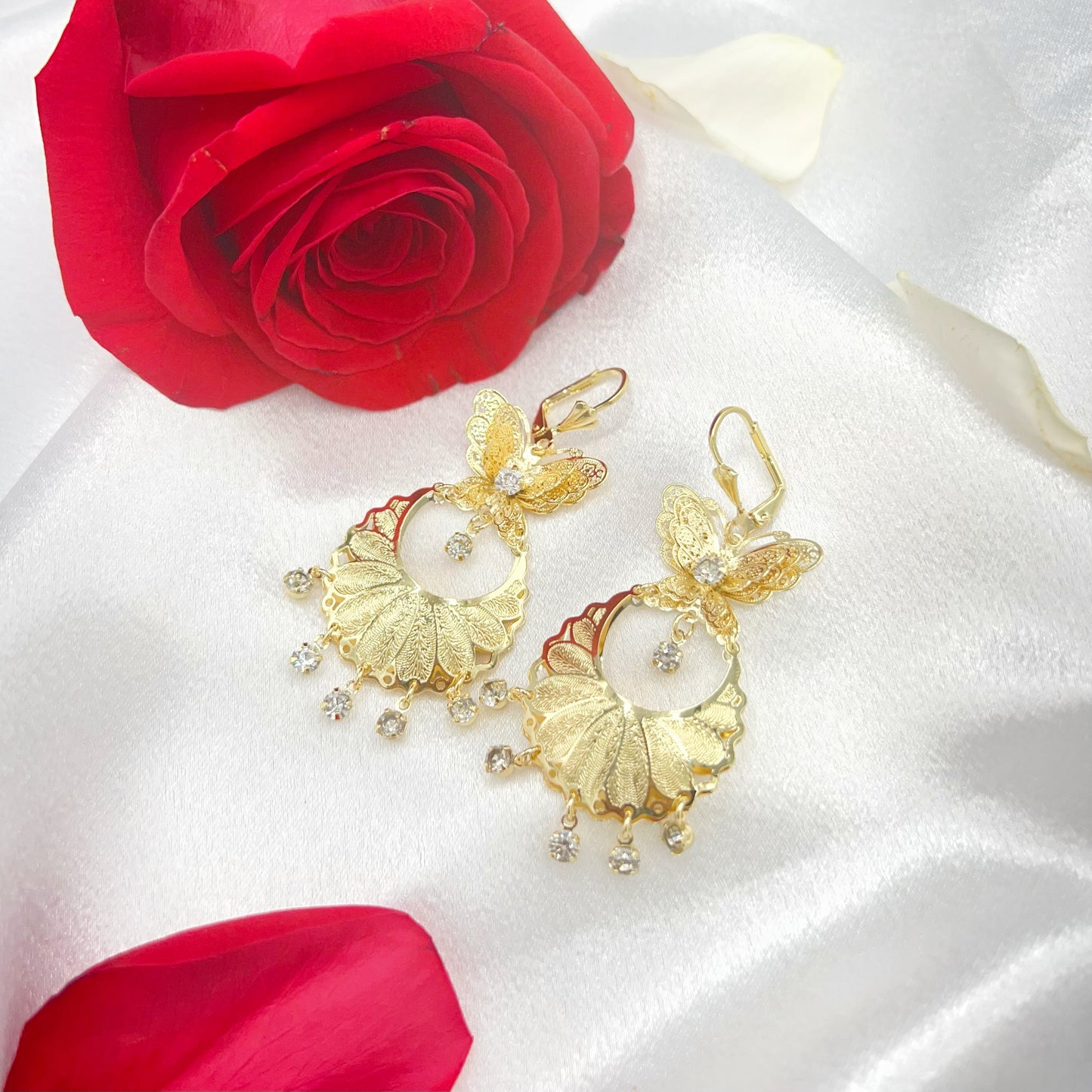 Butterfly White Stone Long Dangled Laminated Gold Earrings