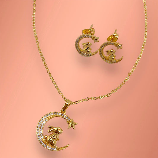 Bunny and Moon Laminated Gold Necklace and earring Set