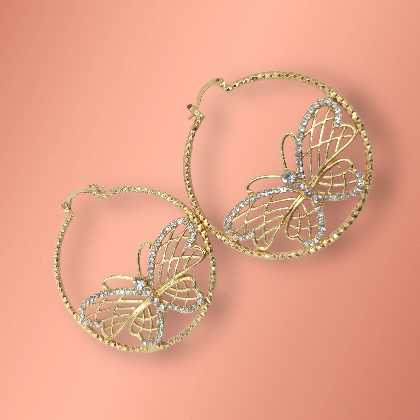 White Crystal Butterfly Hoops Laminated Gold