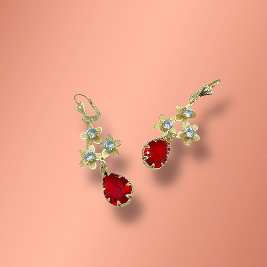 Flower and Red Stone Earrings Laminated Gold
