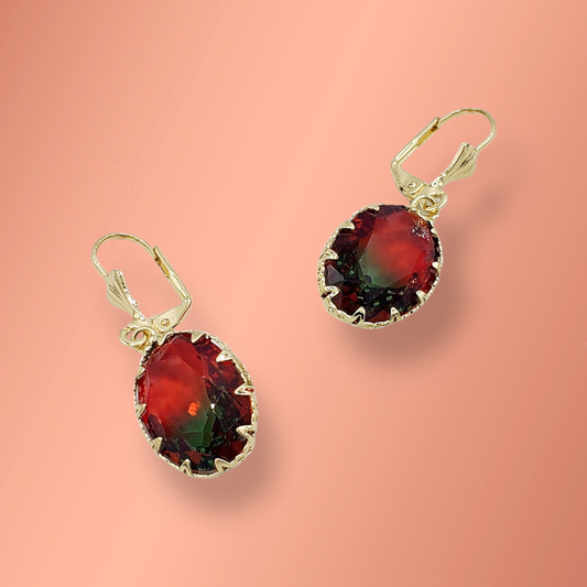 Red and Green Crystal Earrings Laminated Gold