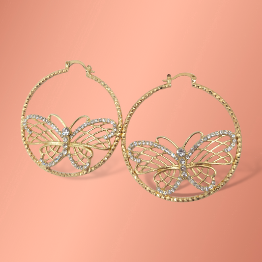 White Crystal Butterfly Hoops Laminated Gold