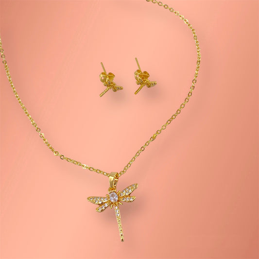 Dragonfly Laminated Gold Necklace and Earring Set
