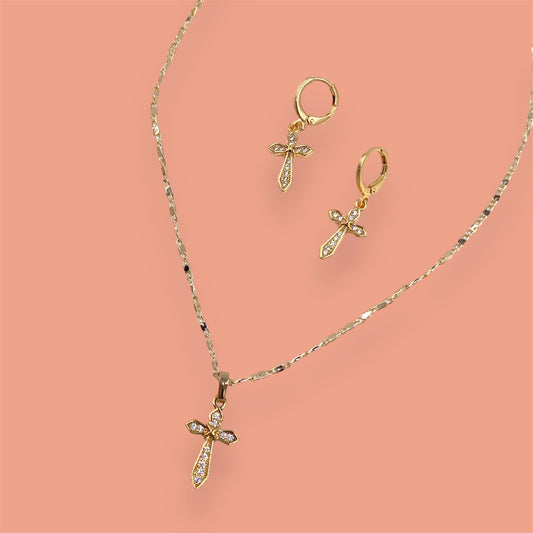 Cross Laminated Gold Necklace and Earring Set