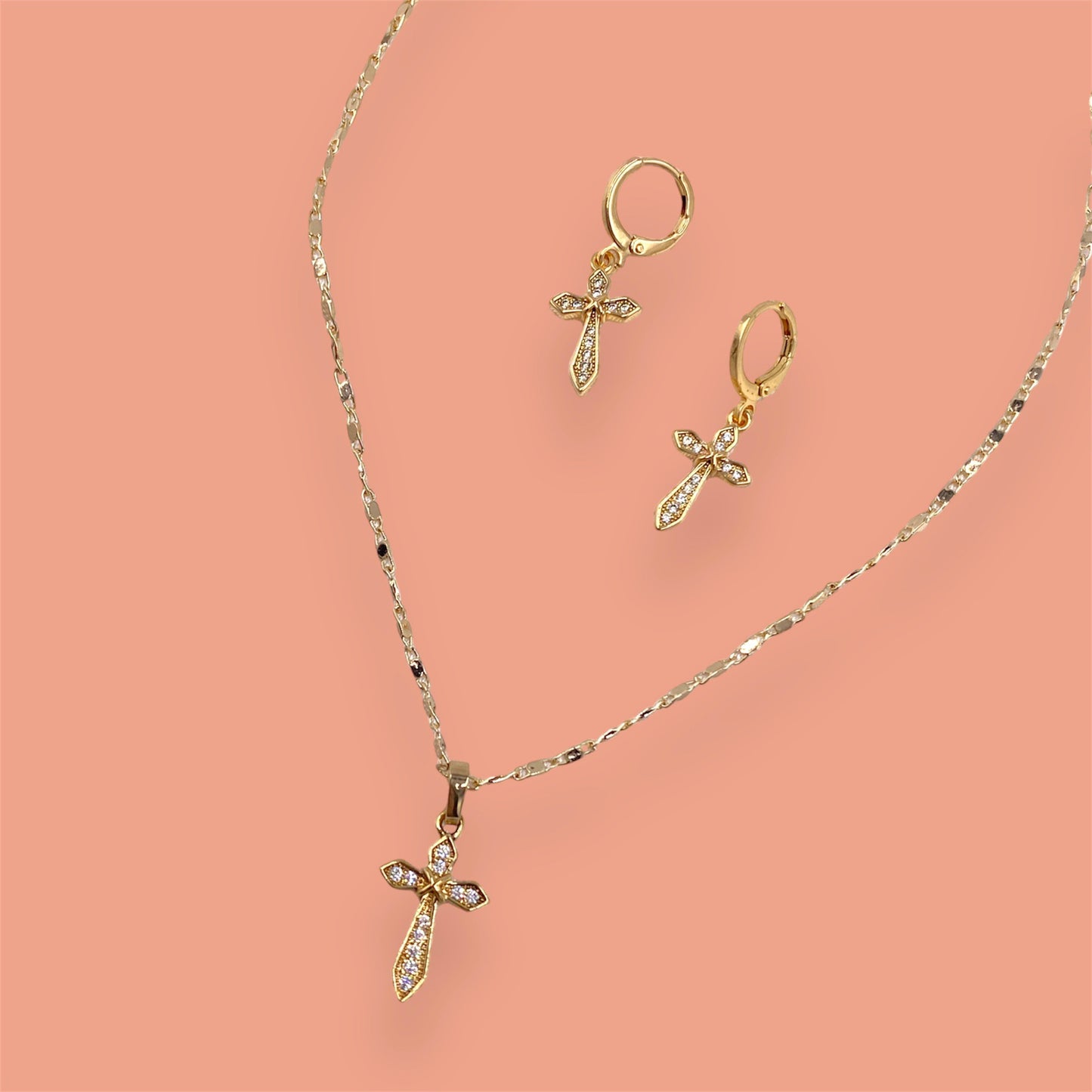 Cross Laminated Gold Necklace and Earring Set