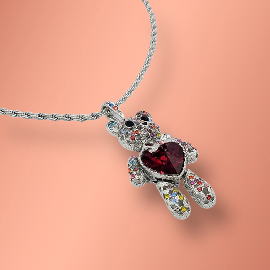 Red Heart Bear Necklace Stainless Steel
