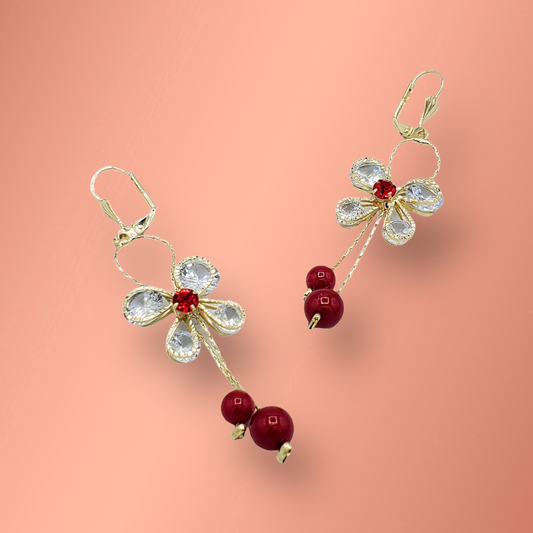 White Butterfly and Red Crystal Earrings Laminated Gold