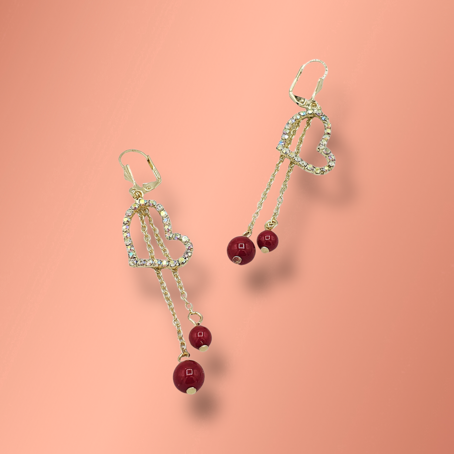 Heart and Red Stone Earrings Laminated Gold