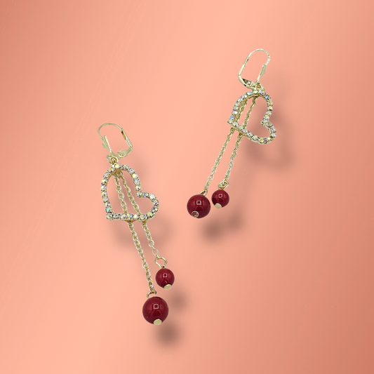 Heart and Red Stone Earrings Laminated Gold