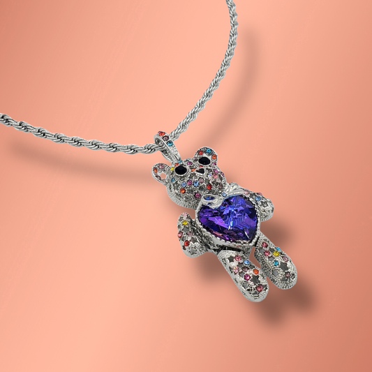 Purple Heart Bear Necklace Stainless Steel