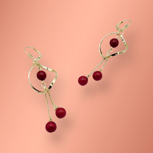Red Stone Earrings Laminated Gold