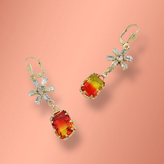 White Flower with Yellow and Orange Crystal Earrings Laminated Gold